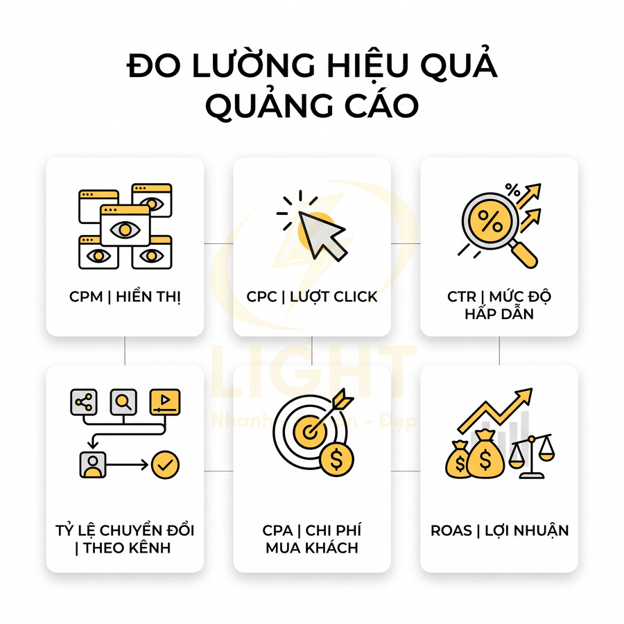 Các chỉ số đo lường hiệu quả quảng cáo online gồm CPM, CPC, CTR, tỷ lệ chuyển đổi, CPA và ROAS
