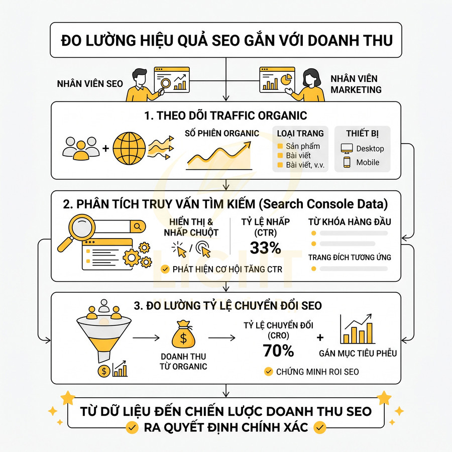 Infographic quy trình đo lường hiệu quả SEO gắn với doanh thu qua traffic organic, CTR và tỷ lệ chuyển đổi