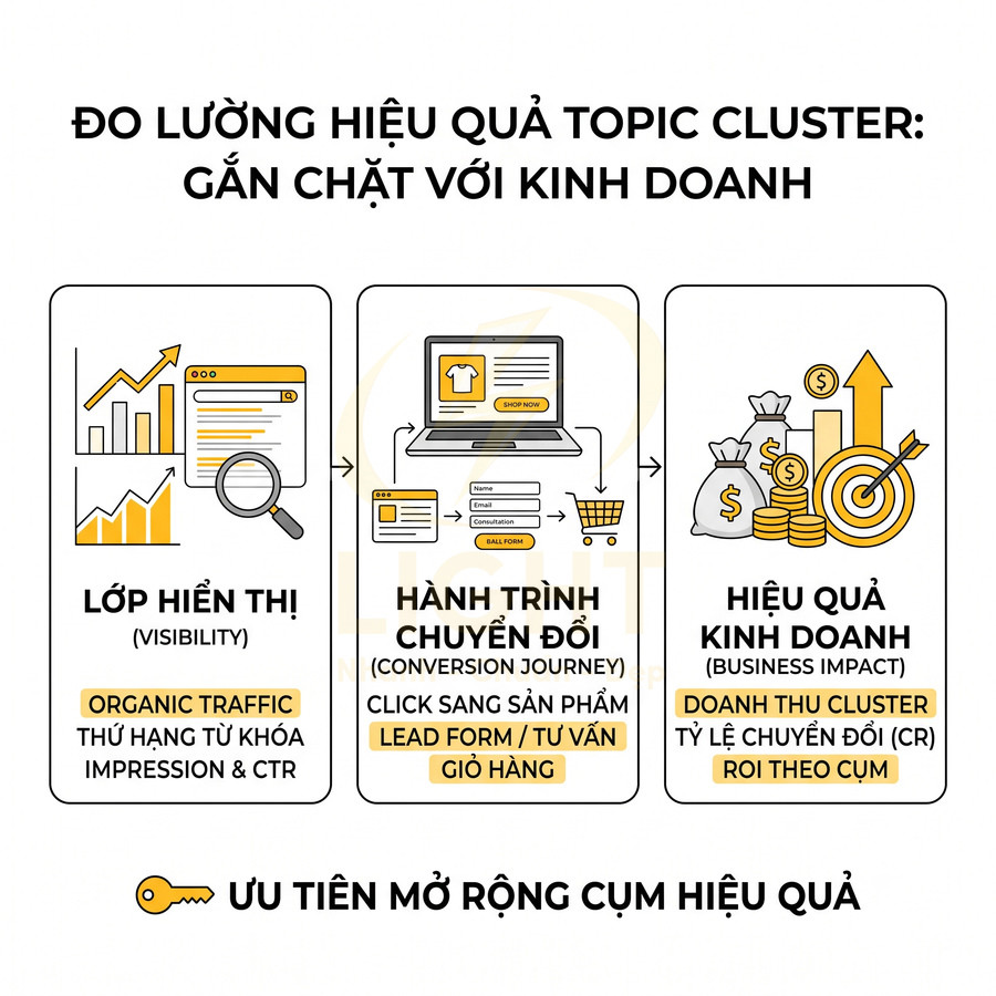 Mô hình đo lường hiệu quả topic cluster từ hiển thị, hành trình chuyển đổi đến doanh thu kinh doanh