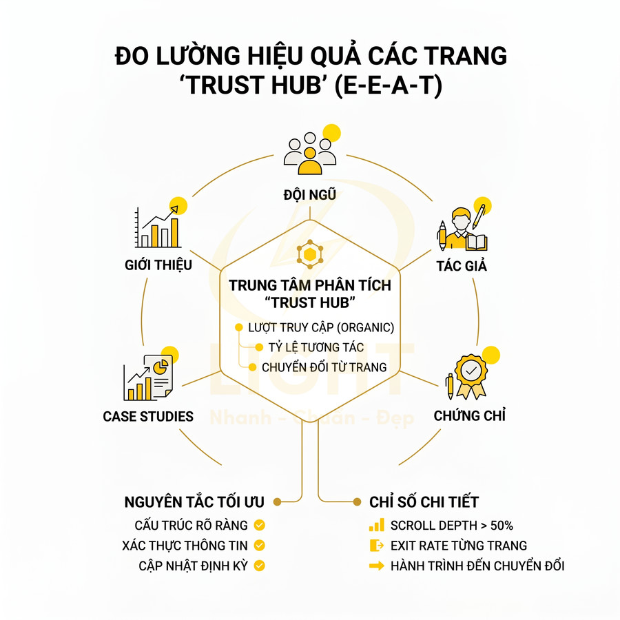 Sơ đồ đo lường hiệu quả trang Trust Hub E-E-A-T với trung tâm phân tích, chỉ số và nguyên tắc tối ưu nội dung