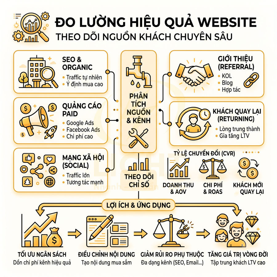 Sơ đồ đo lường hiệu quả website, phân tích nguồn khách hàng, theo dõi chỉ số và lợi ích tối ưu ngân sách marketing