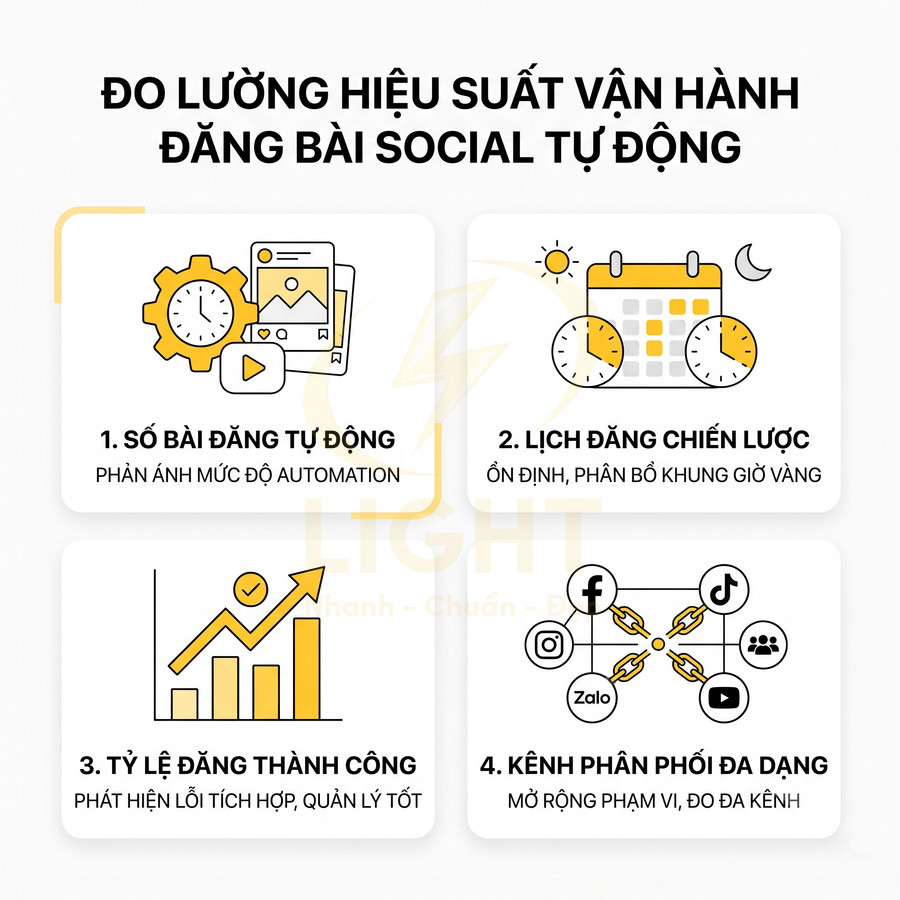 Đo lường hiệu suất vận hành đăng bài social tự động với số bài, lịch đăng, tỷ lệ thành công và kênh phân phối đa dạng