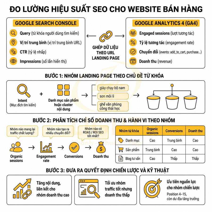 Infographic đo lường hiệu suất SEO cho website bán hàng bằng Google Search Console và Google Analytics 4