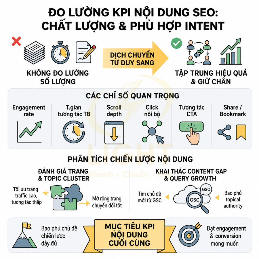 Infographic đo lường KPI nội dung SEO tập trung chất lượng, intent, các chỉ số tương tác và phân tích chiến lược nội dung