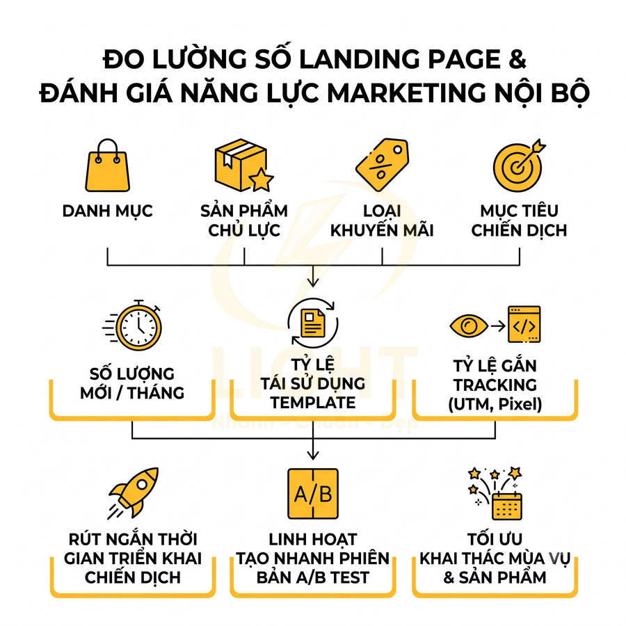 Sơ đồ đo lường số landing page và đánh giá năng lực marketing nội bộ với các chỉ số và lợi ích chính