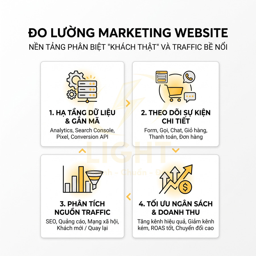 Infographic quy trình đo lường marketing website với 4 bước từ hạ tầng dữ liệu đến tối ưu ngân sách doanh thu