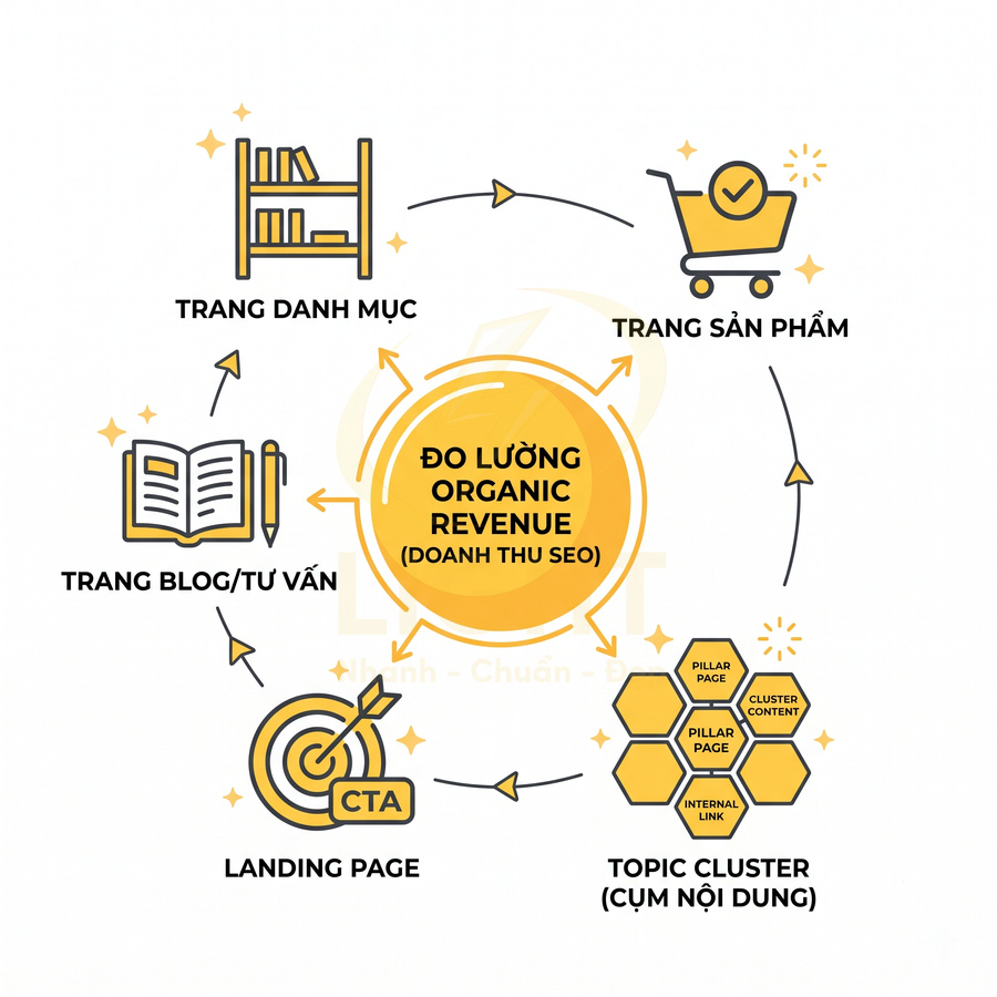 Sơ đồ quy trình đo lường doanh thu SEO từ trang danh mục, sản phẩm, blog, landing page đến cụm nội dung