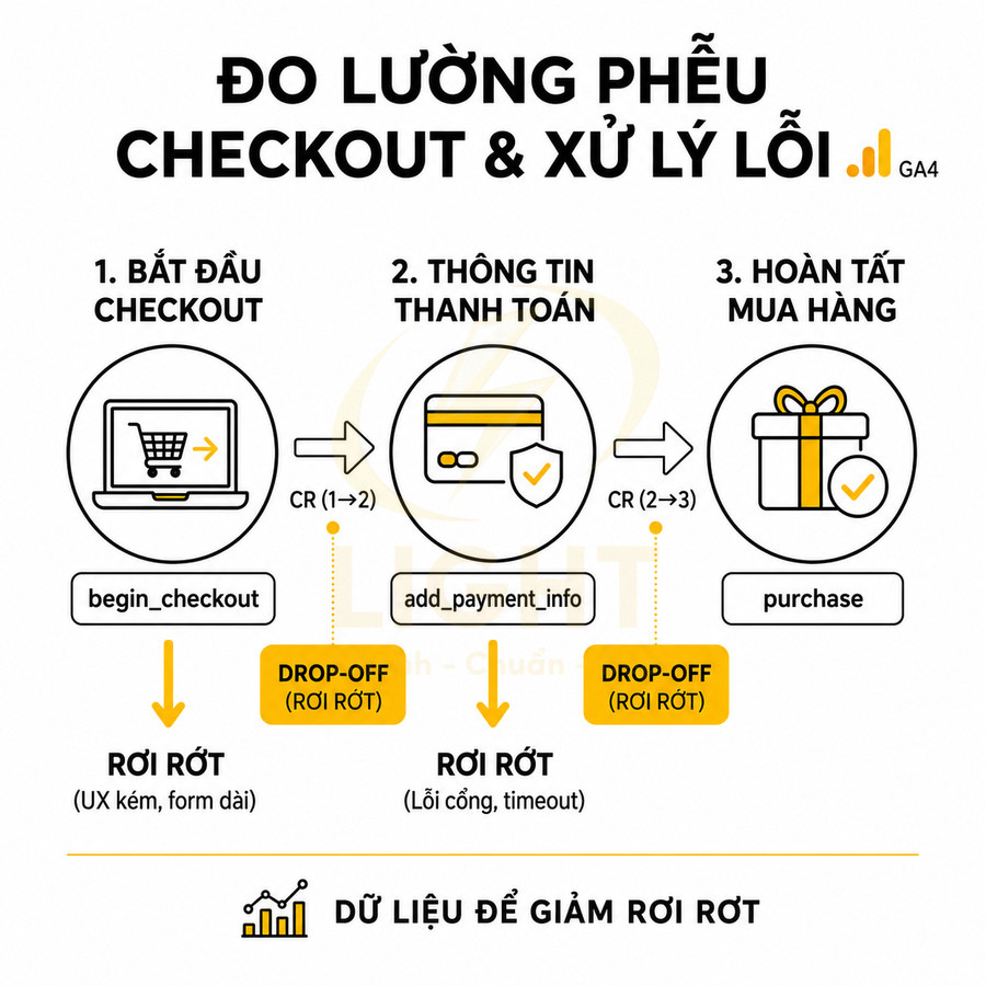Sơ đồ phễu checkout GA4 với các bước begin_checkout, add_payment_info, purchase và điểm rơi rớt khách hàng