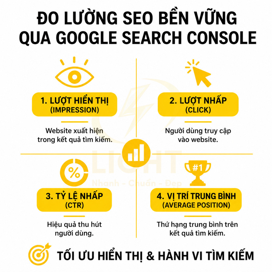 Infographic đo lường SEO bền vững qua Google Search Console với 4 chỉ số impression, click, CTR và vị trí trung bình