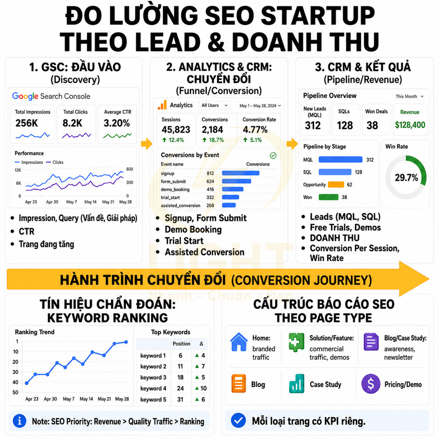 Biểu đồ đo lường hiệu quả SEO startup theo lead, doanh thu, hành trình chuyển đổi và xếp hạng từ khóa