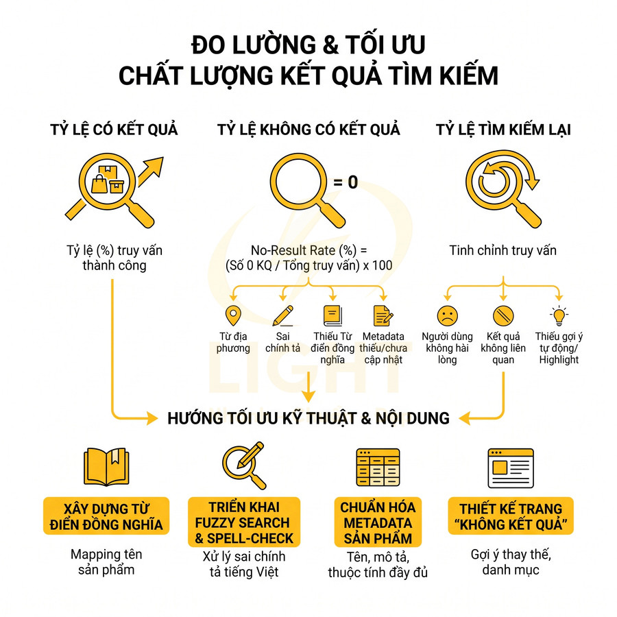 Infographic đo lường và tối ưu chất lượng kết quả tìm kiếm, tỷ lệ có kết quả và hướng tối ưu kỹ thuật nội dung