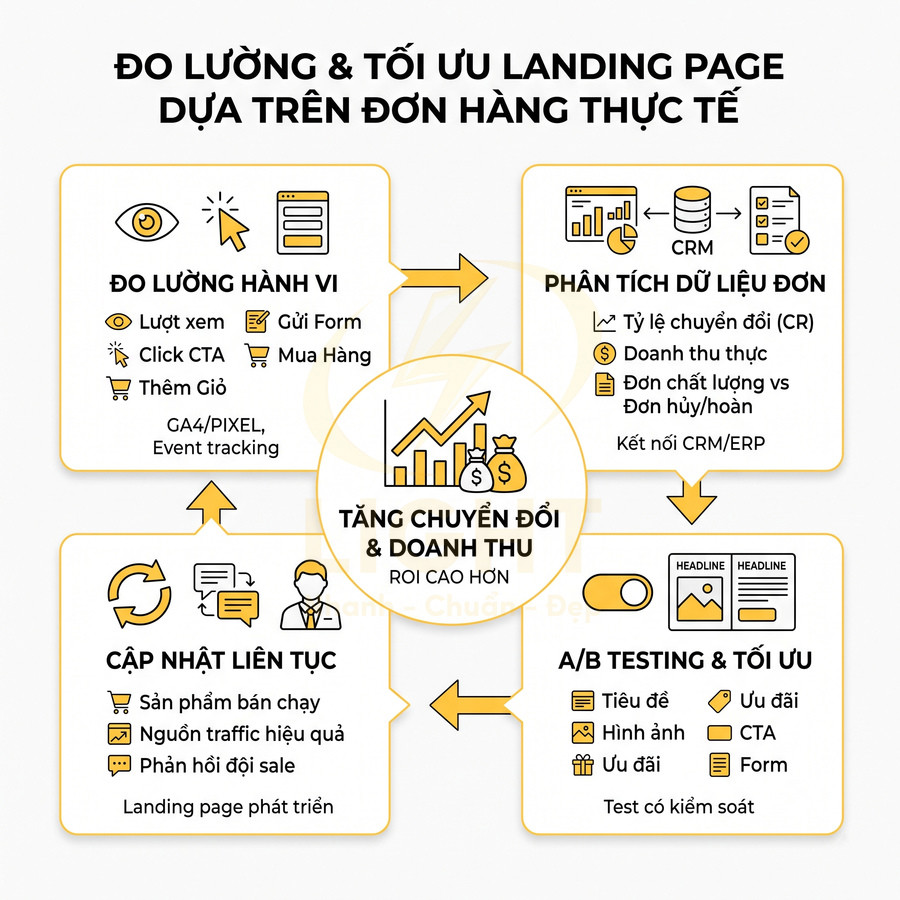 Quy trình đo lường và tối ưu landing page dựa trên đơn hàng thực tế để tăng chuyển đổi và doanh thu