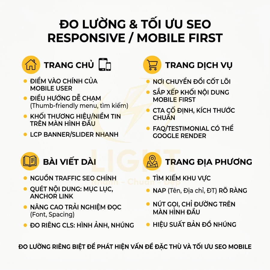 Checklist đo lường và tối ưu SEO responsive mobile first cho trang chủ dịch vụ bài viết dài và trang địa phương