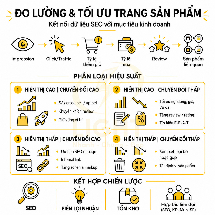 Infographic đo lường và tối ưu trang sản phẩm với các bước SEO và phân loại hiệu suất chuyển đổi