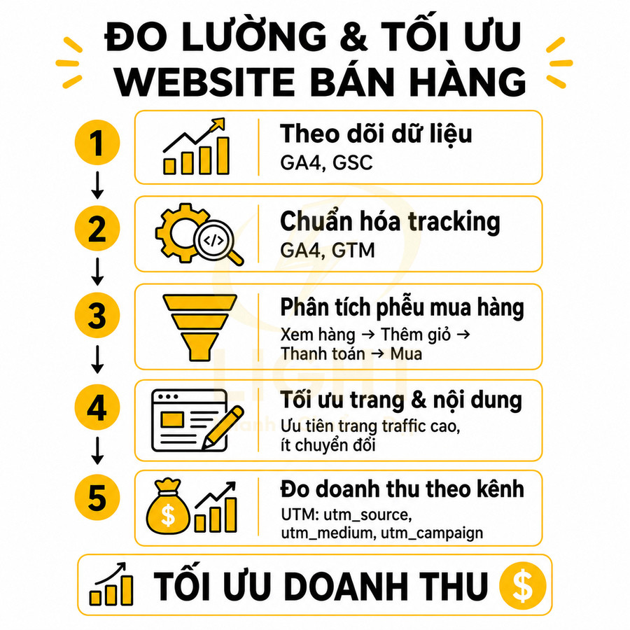 Quy trình 5 bước đo lường và tối ưu website bán hàng để tăng doanh thu bằng GA4, GSC, GTM và UTM