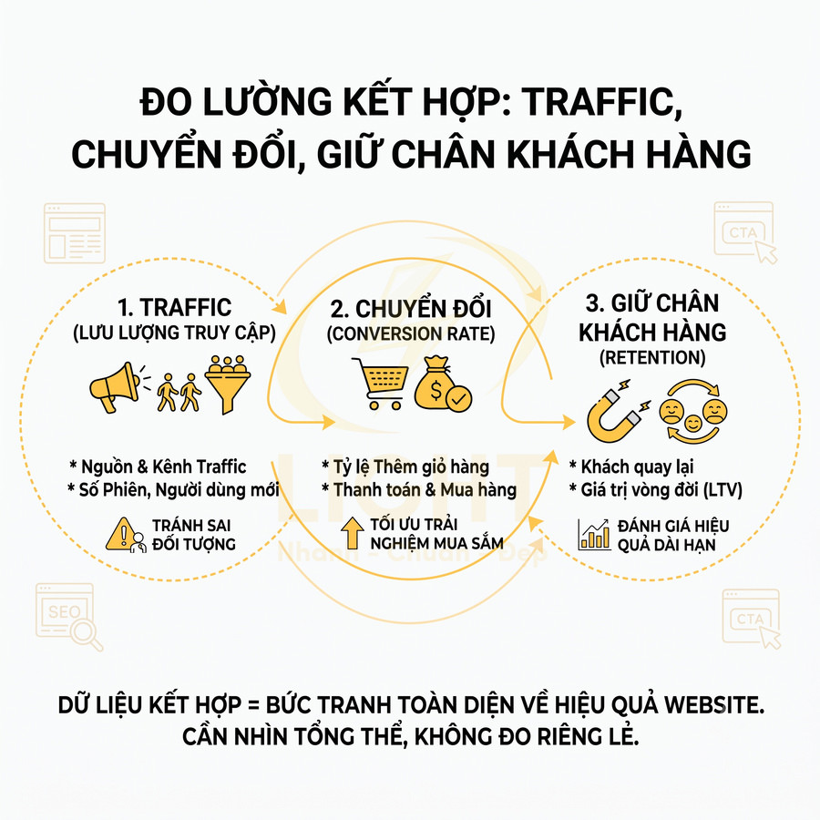 Mô hình đo lường hiệu quả website với ba nhóm chỉ số traffic, chuyển đổi và giữ chân khách hàng