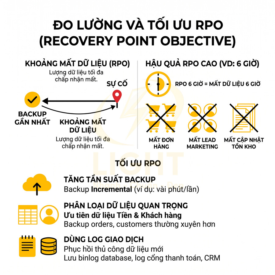 Infographic đo lường và tối ưu RPO, giải thích khoảng mất dữ liệu, hậu quả và cách tăng tần suất backup dữ liệu