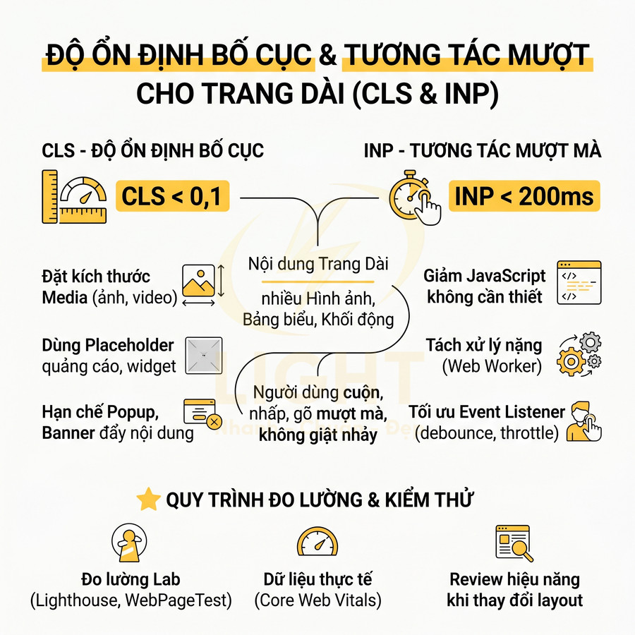 Infographic tối ưu độ ổn định bố cục CLS và tương tác mượt INP cho trang web dài, kèm quy trình đo lường kiểm thử