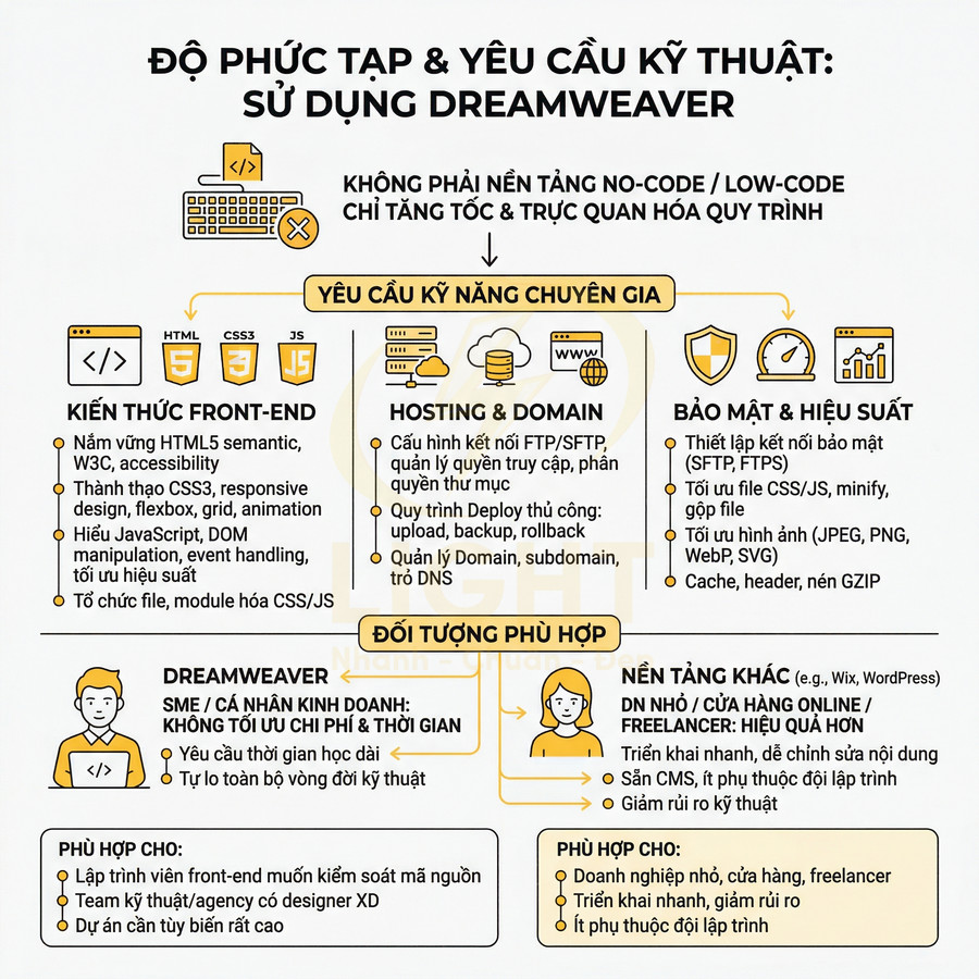 Infographic so sánh độ phức tạp, yêu cầu kỹ thuật và đối tượng phù hợp khi dùng Adobe Dreamweaver làm web frontend