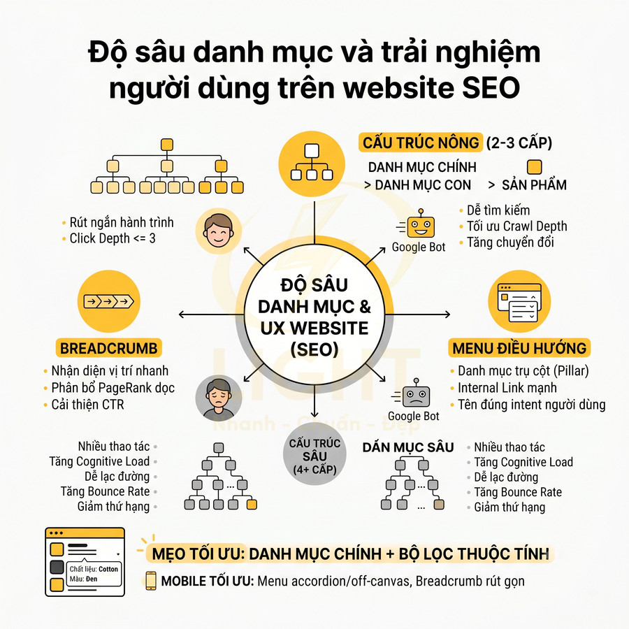 Infographic độ sâu danh mục và trải nghiệm người dùng trên website SEO với cấu trúc nông sâu, breadcrumb và menu điều hướng