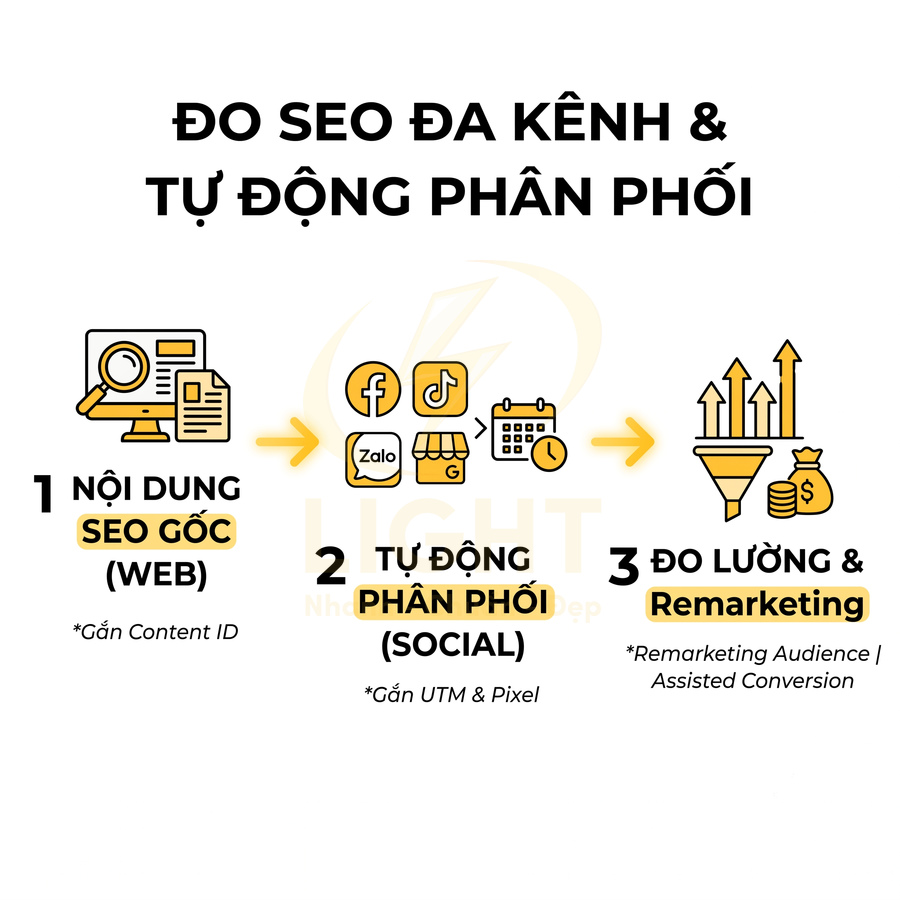 Quy trình đo SEO đa kênh và tự động phân phối nội dung web lên mạng xã hội, đo lường và remarketing