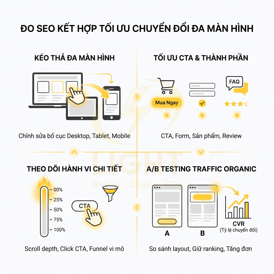 Infographic đo lường SEO và tối ưu chuyển đổi đa màn hình với kéo thả layout, CTA, theo dõi hành vi và A/B testing