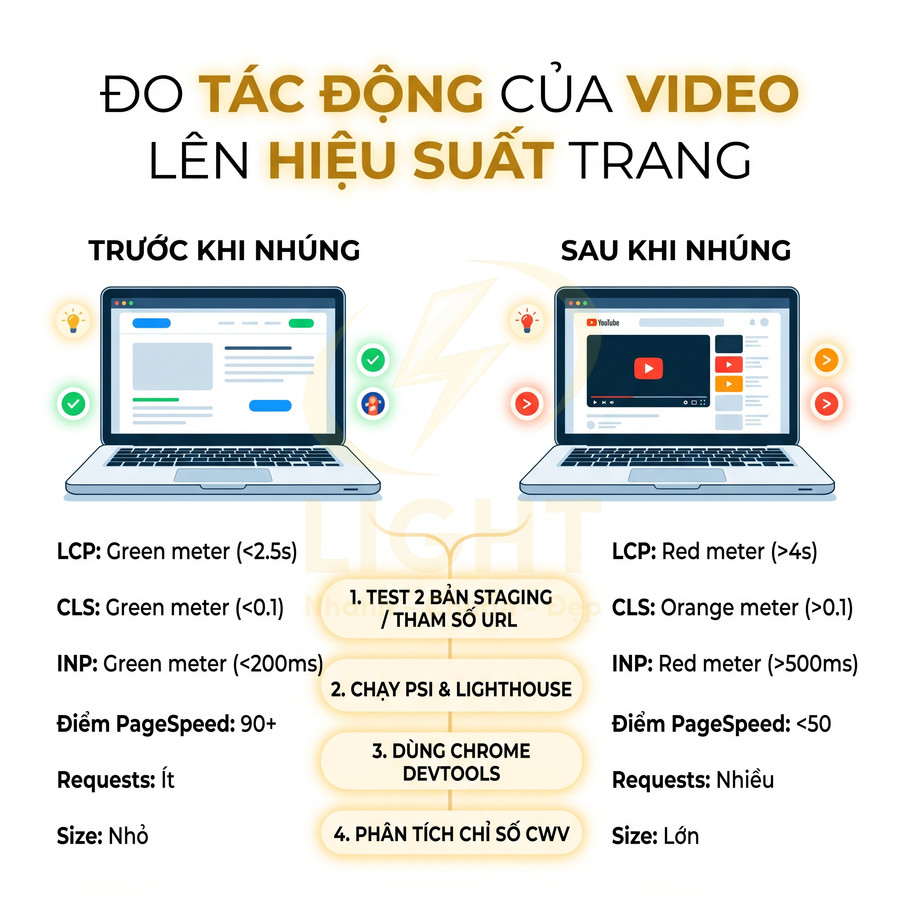 So sánh hiệu suất trang web trước và sau khi nhúng video YouTube với các chỉ số Core Web Vitals
