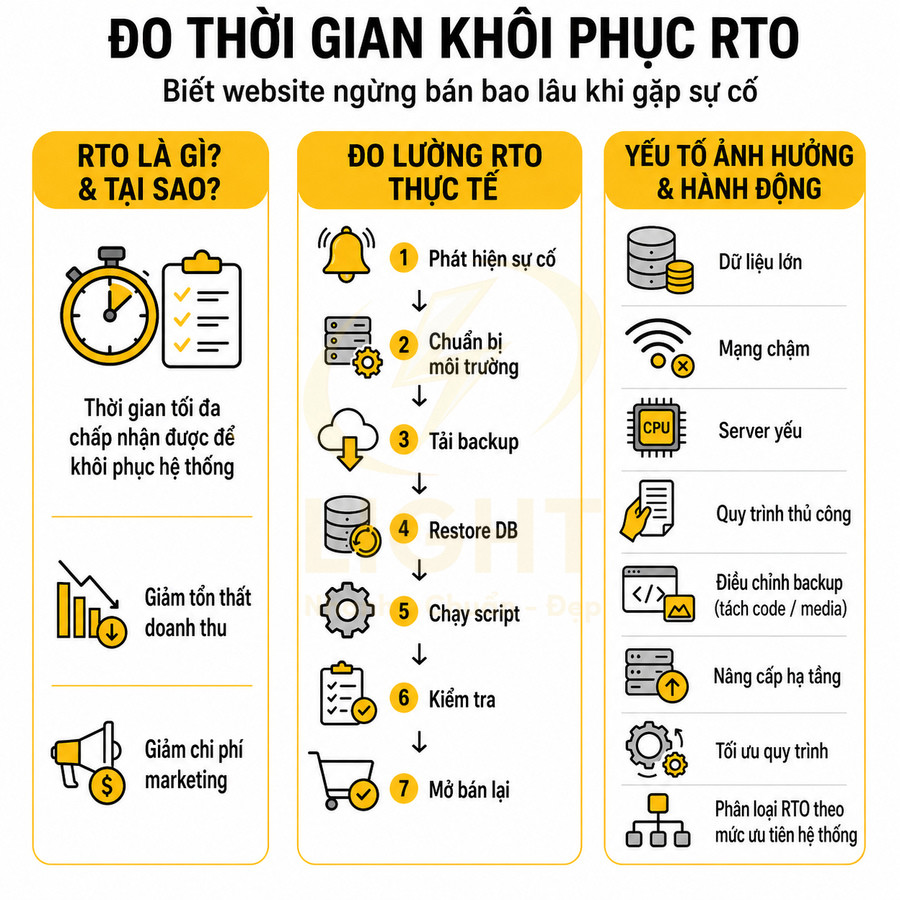 Infographic đo thời gian khôi phục RTO cho website, quy trình khôi phục và các yếu tố ảnh hưởng đến RTO