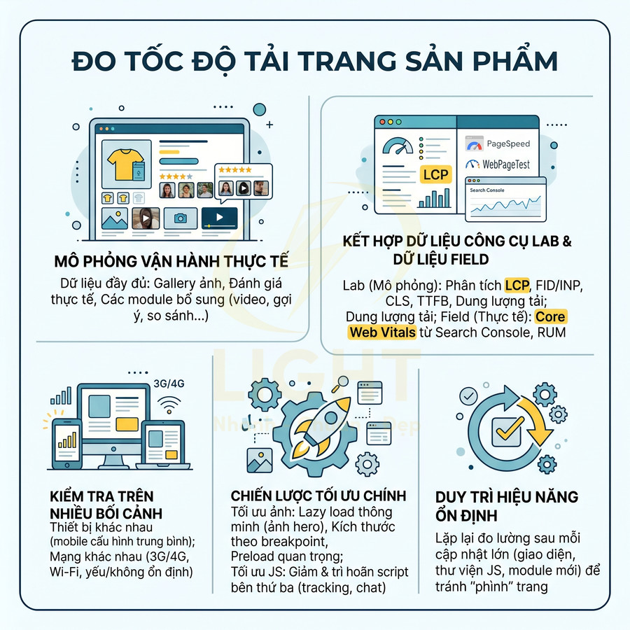 Hướng dẫn đo tốc độ tải trang sản phẩm với mô phỏng thực tế, công cụ Web Vitals, kiểm tra đa thiết bị và tối ưu hiệu năng
