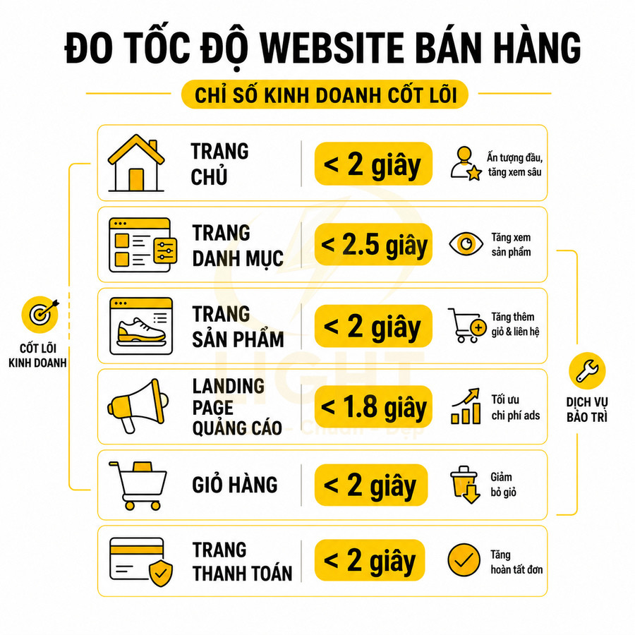 Infographic đo tốc độ website bán hàng với thời gian tải chuẩn cho từng trang và lợi ích tối ưu chuyển đổi
