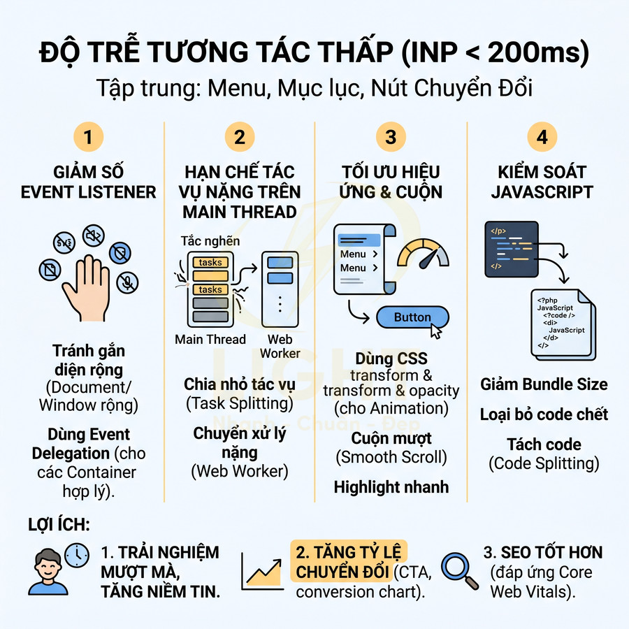 Hướng dẫn tối ưu độ trễ tương tác thấp INP dưới 200ms với 4 bước cải thiện JavaScript và trải nghiệm người dùng