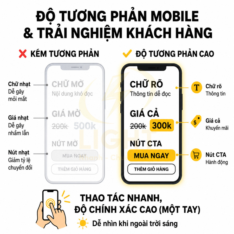 So sánh giao diện mobile độ tương phản thấp và cao với nút CTA Mua ngay, giá 300k dễ đọc