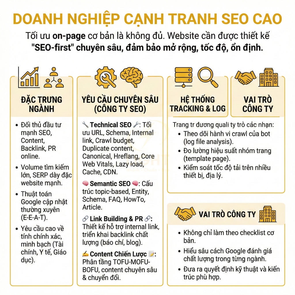 Infographic về doanh nghiệp cạnh tranh SEO cao với các yêu cầu technical SEO, semantic SEO, tracking và vai trò công ty