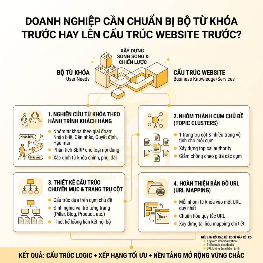 Infographic quy trình nghiên cứu từ khóa và xây dựng cấu trúc website chuẩn SEO cho doanh nghiệp