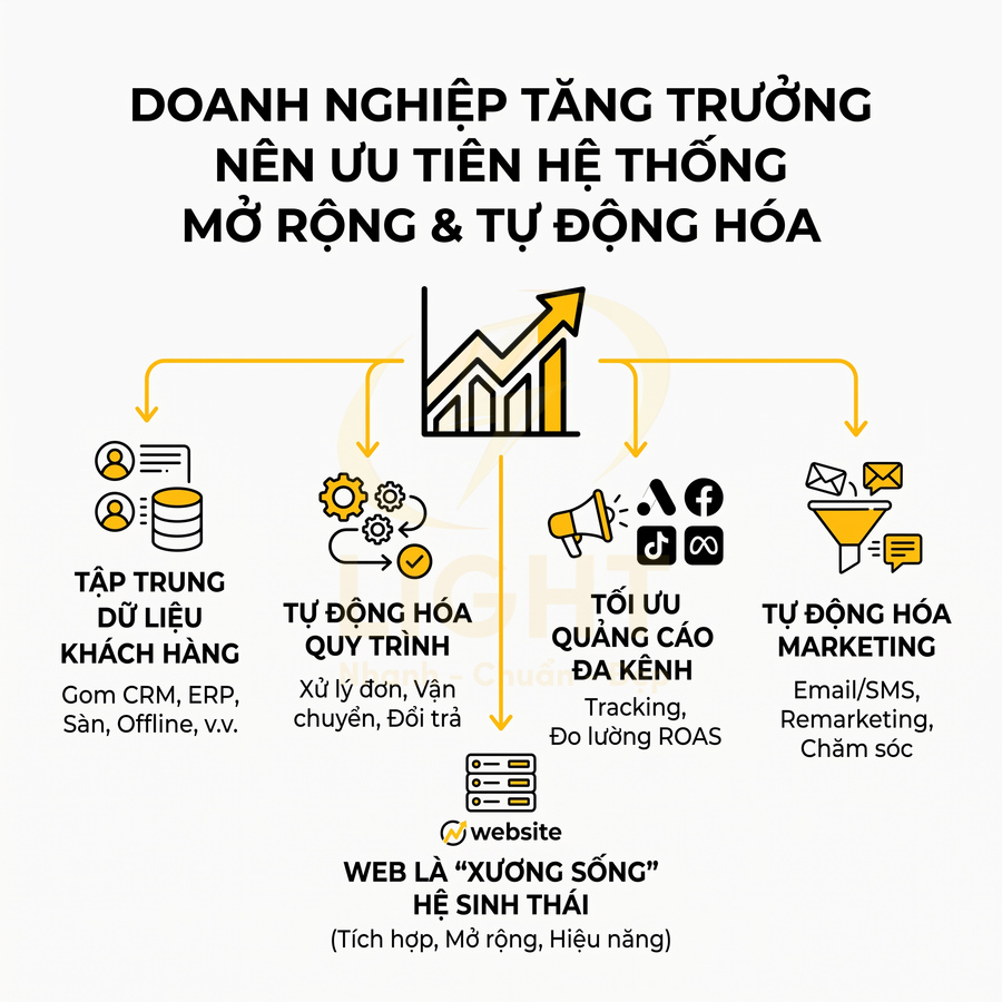 Mô hình hệ thống mở rộng và tự động hóa cho doanh nghiệp: dữ liệu khách hàng, quy trình, quảng cáo, marketing, website