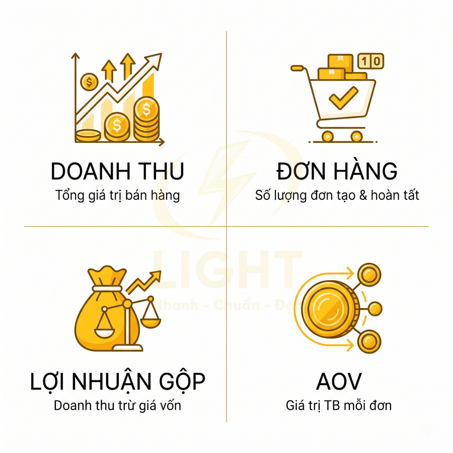 Minh họa 4 chỉ số kinh doanh doanh thu đơn hàng lợi nhuận gộp và AOV với icon vàng nổi bật