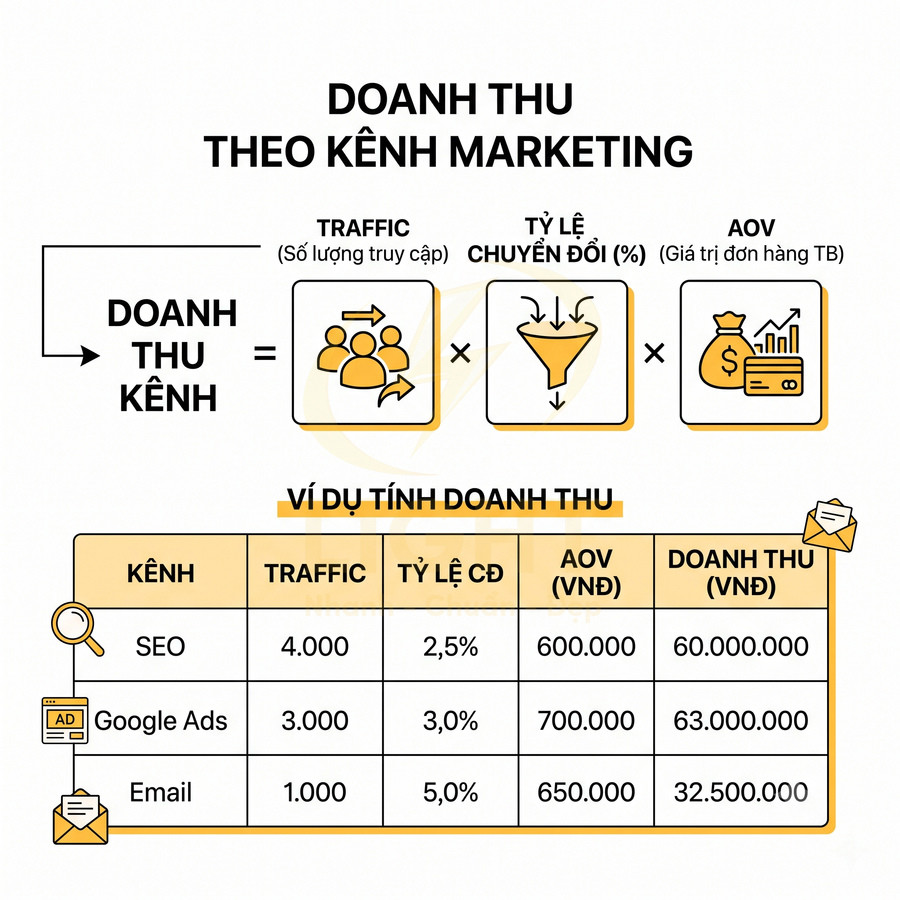 Bảng ví dụ tính doanh thu theo kênh marketing SEO, Google Ads, Email dựa trên traffic, tỷ lệ chuyển đổi và AOV