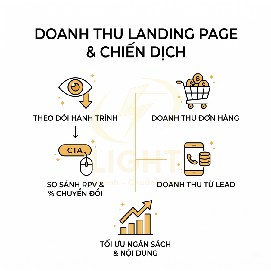 Mô hình doanh thu landing page và chiến dịch với các bước theo dõi hành trình, CTA, tối ưu ngân sách và đo lường chuyển đổi