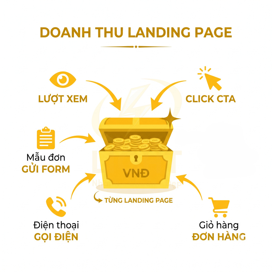 Mô hình doanh thu landing page với rương tiền VNĐ và các bước lượt xem, click CTA, gửi form, gọi điện, đơn hàng