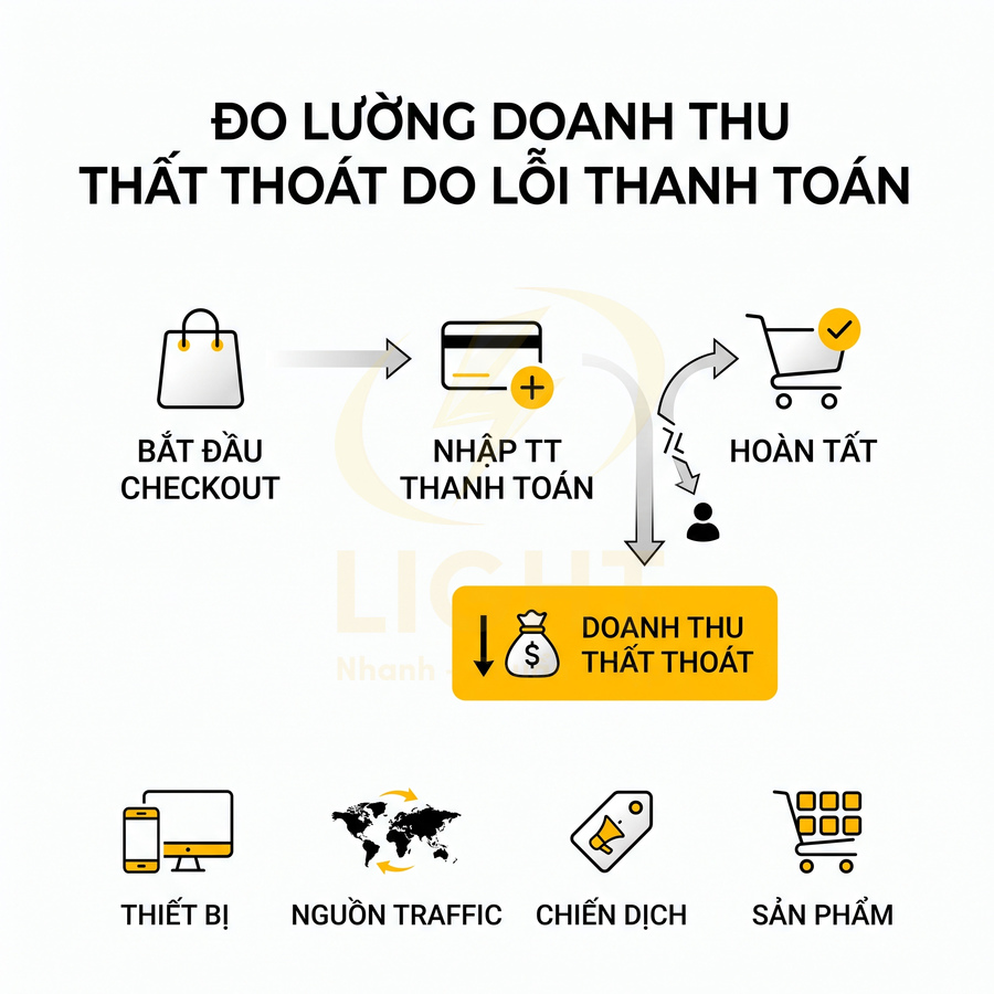 Sơ đồ đo lường doanh thu thất thoát do lỗi thanh toán trong quy trình checkout và các yếu tố ảnh hưởng