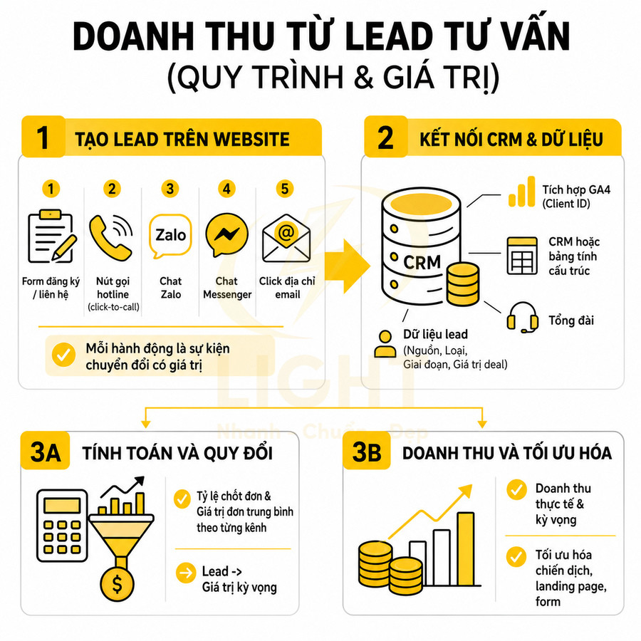 Quy trình chuyển đổi lead tư vấn thành doanh thu qua website, CRM, tính toán giá trị lead và tối ưu chiến dịch marketing