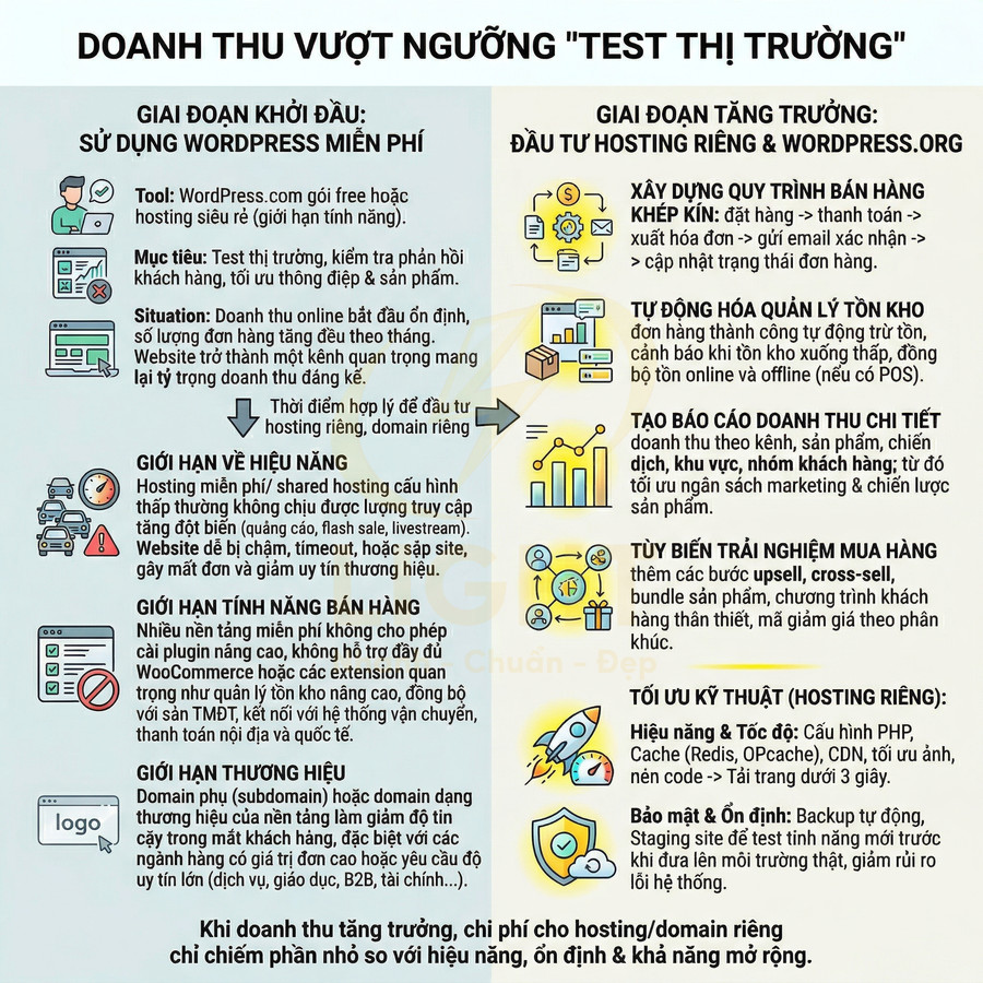 Infographic so sánh dùng WordPress.com miễn phí và đầu tư hosting riêng WordPress.org để tối ưu doanh thu online