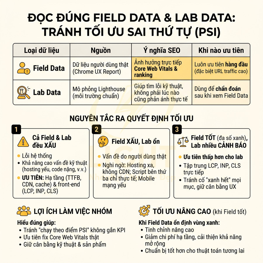 Infographic hướng dẫn đọc đúng Field Data và Lab Data trong PageSpeed Insights để tối ưu Core Web Vitals và SEO