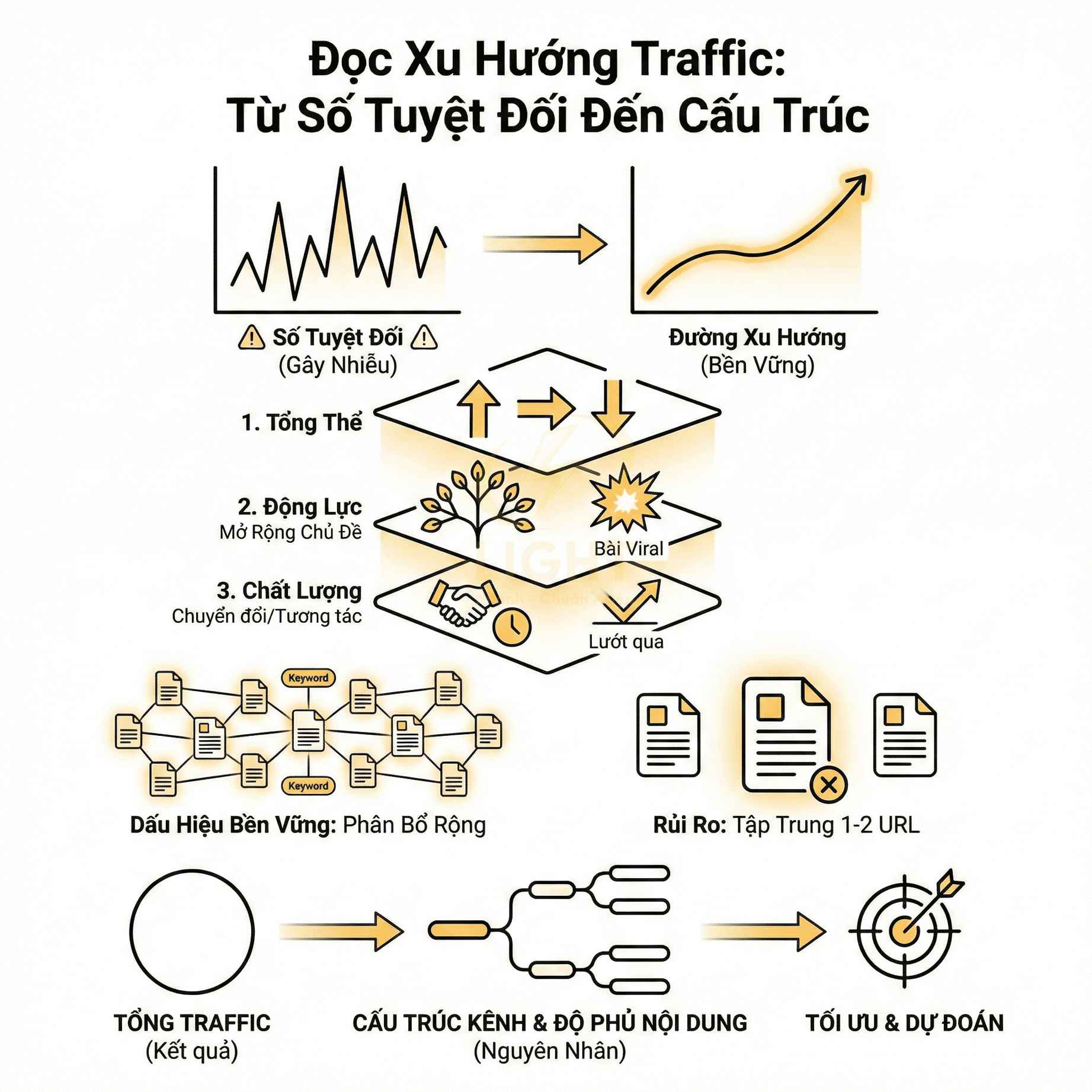 Sơ đồ đọc xu hướng traffic từ số tuyệt đối đến cấu trúc, tối ưu kênh nội dung và dự đoán chuyển đổi