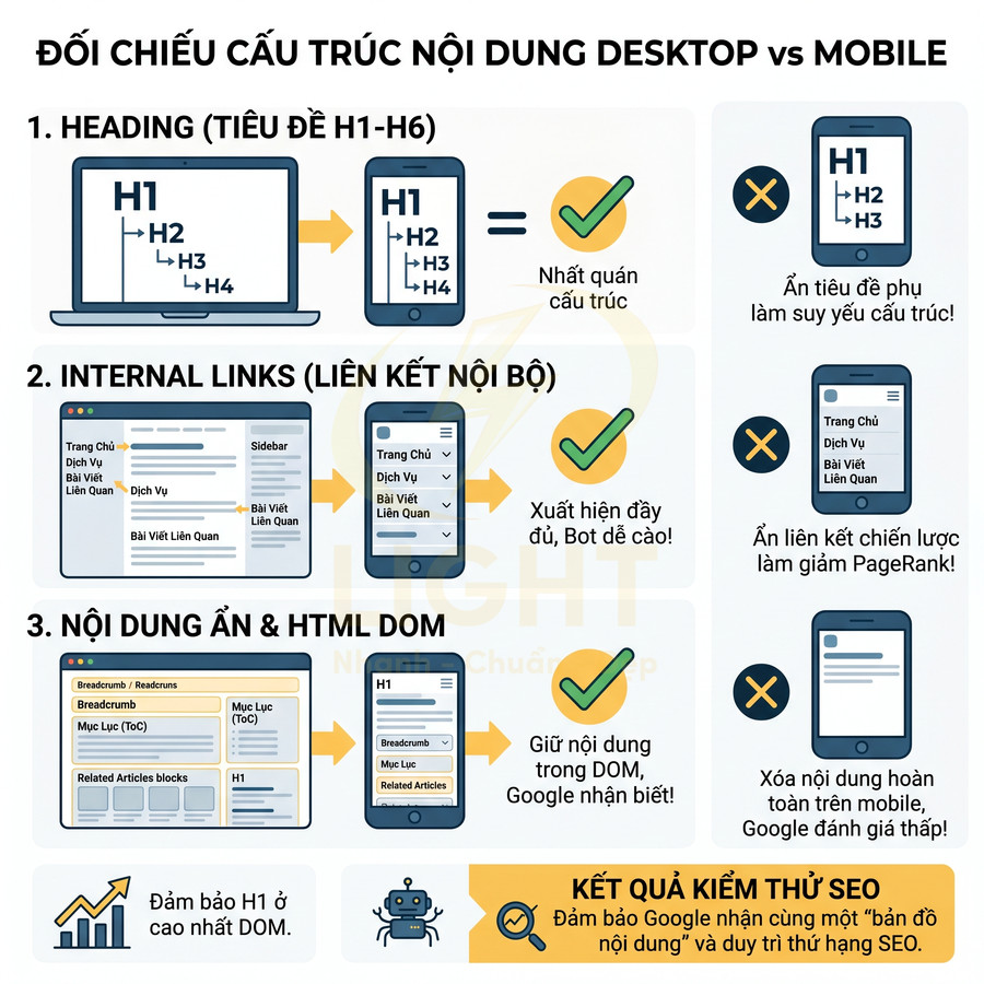 Infographic so sánh cấu trúc nội dung SEO giữa giao diện website desktop và mobile