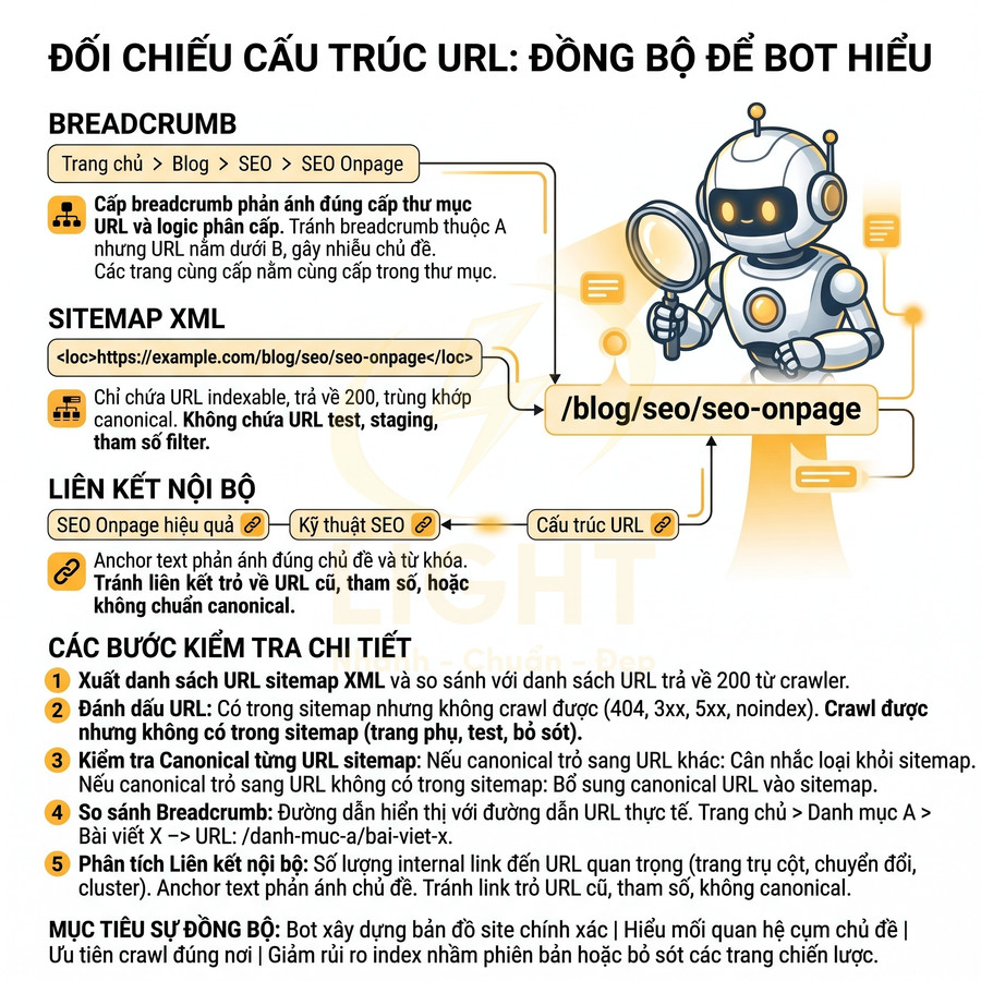 Minh họa robot SEO phân tích cấu trúc URL, breadcrumb, sitemap XML và liên kết nội bộ để tối ưu SEO onpage