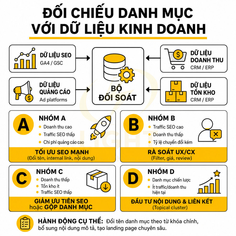 Infographic đối chiếu danh mục với dữ liệu kinh doanh để tối ưu SEO, phân nhóm A B C D và gợi ý chiến lược nội dung