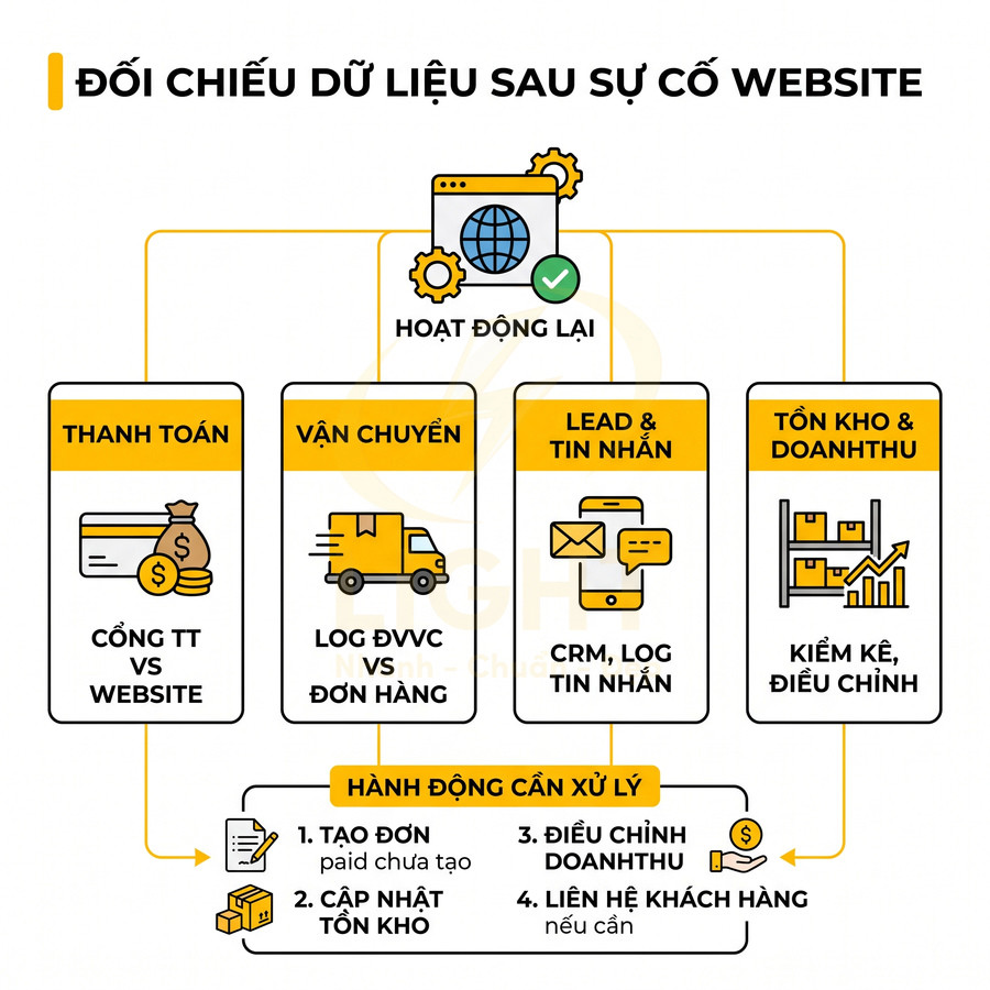 Quy trình đối chiếu dữ liệu sau sự cố website gồm thanh toán, vận chuyển, lead, tồn kho và các bước xử lý