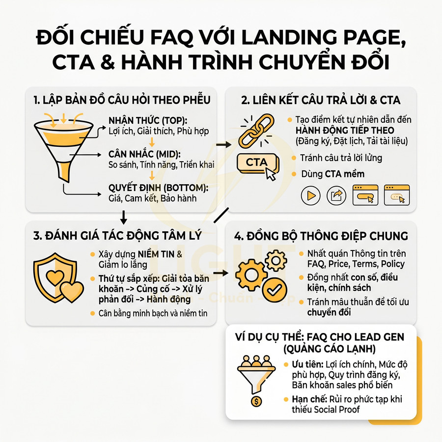 Infographic quy trình đối chiếu FAQ với landing page, CTA và hành trình chuyển đổi marketing
