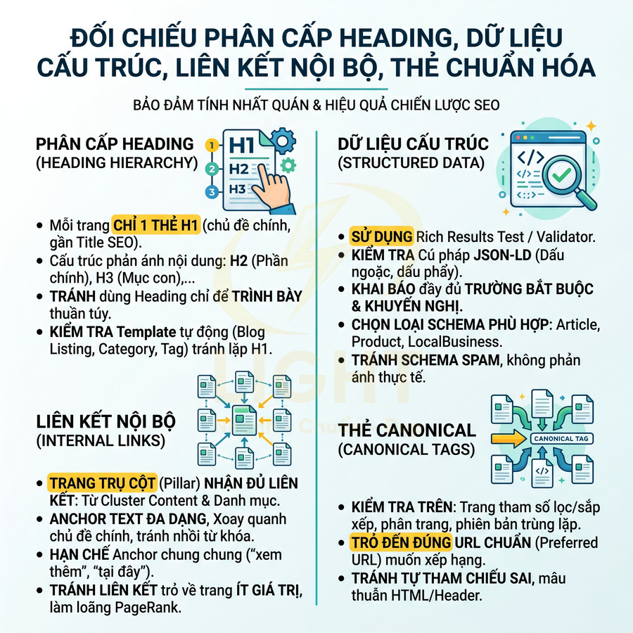 Hướng dẫn tối ưu SEO với phân cấp heading, dữ liệu cấu trúc, liên kết nội bộ và thẻ canonical